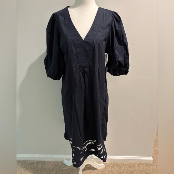 🆕 FOR CYNTHIA Navy Puff Sleeve Embroidered Hem Midi Dress - Picture 4 of 15